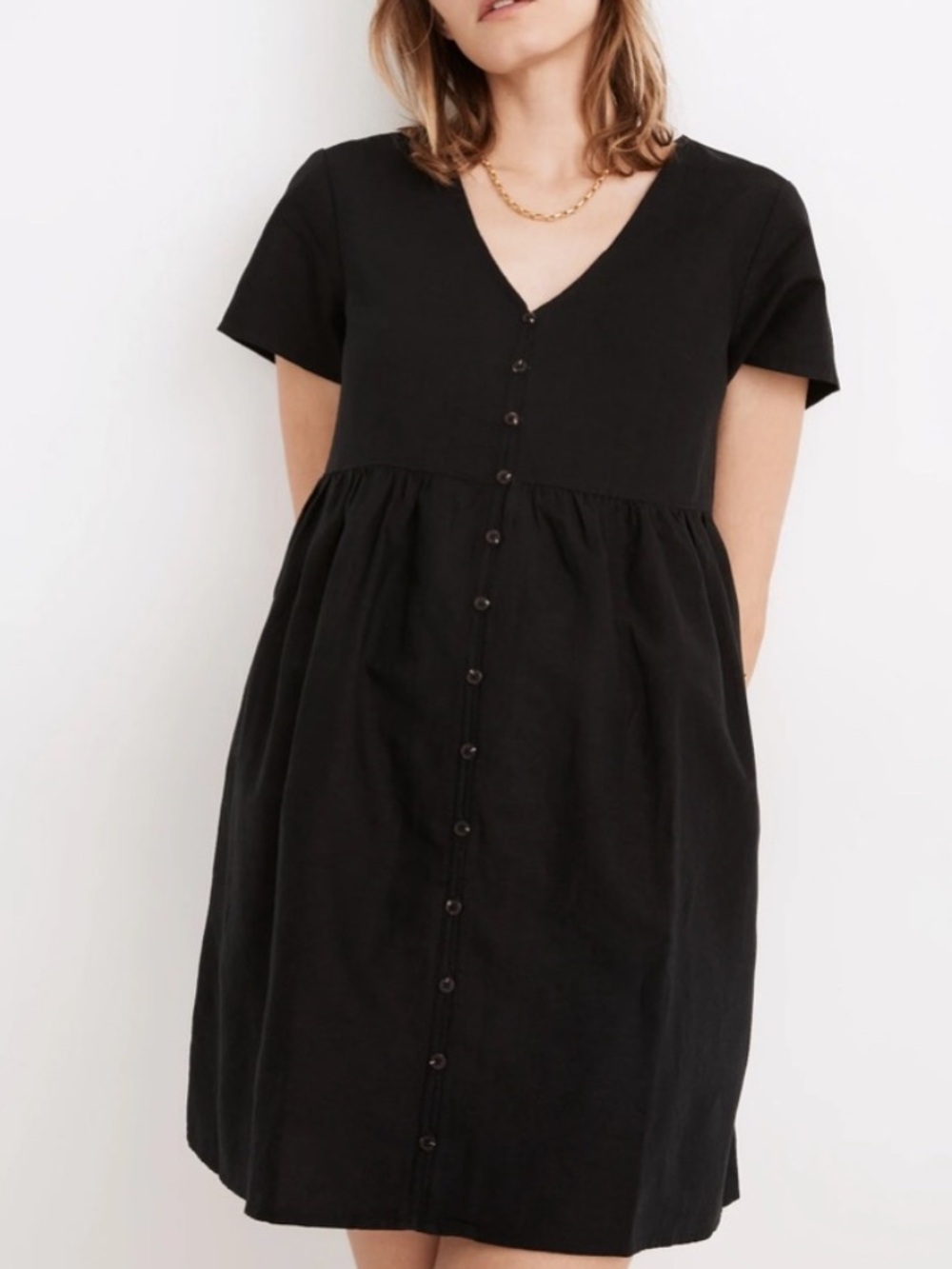 Madewell Black Linen Alexandra Button-Front Mini Dress Size L